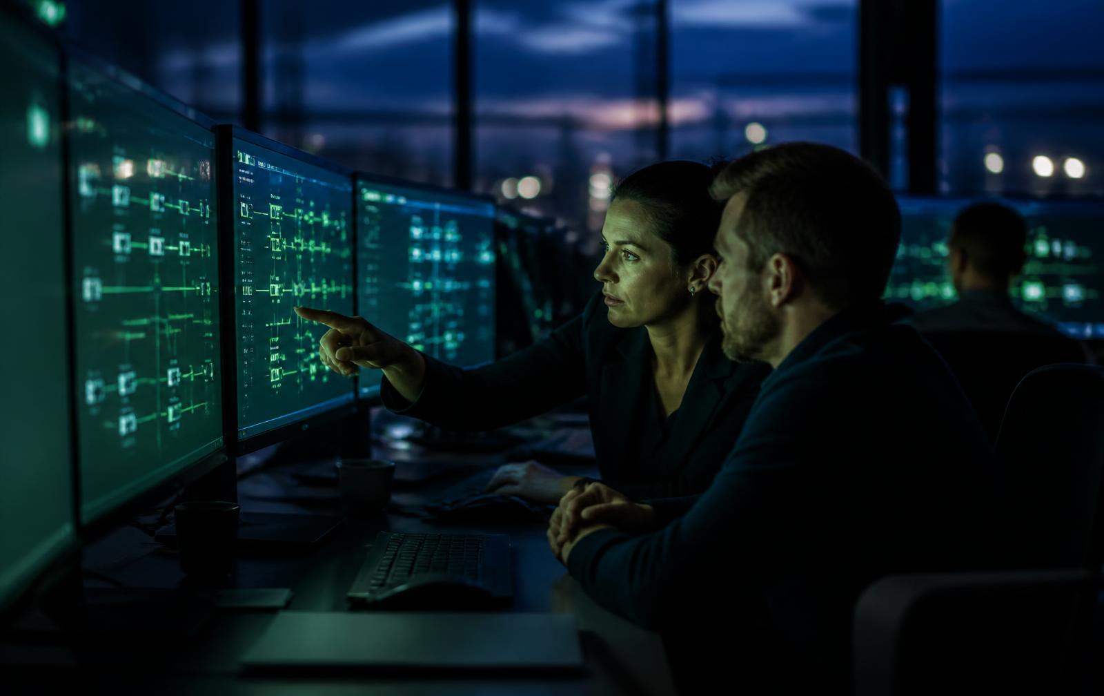 Two operators reviewing workflow graphs on a control room display