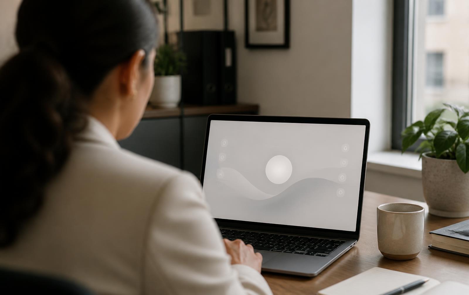 Professional working at a laptop showing an assistant interface