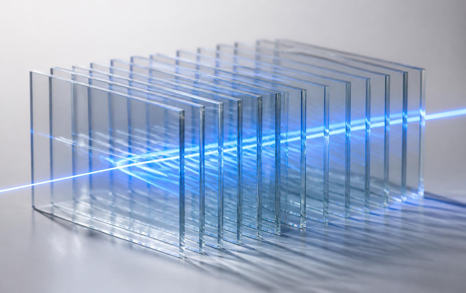 Layered glass plates with a blue light beam passing through them