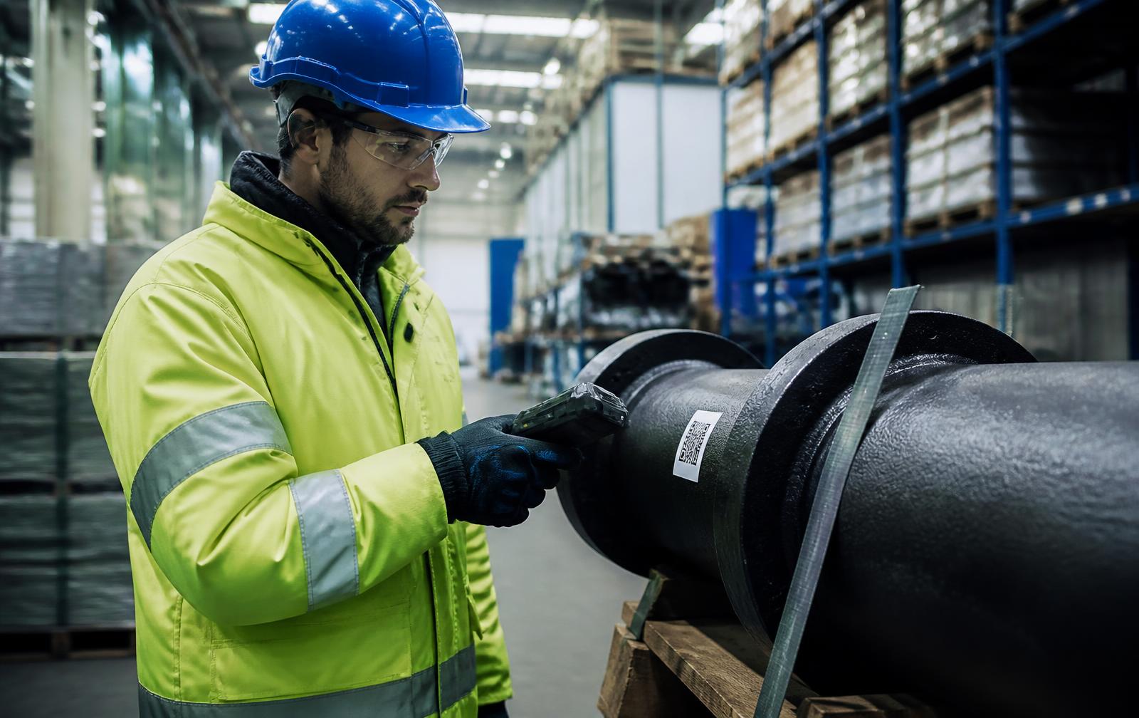 Operator scanning a QR identity on a cast pipe in a warehouse