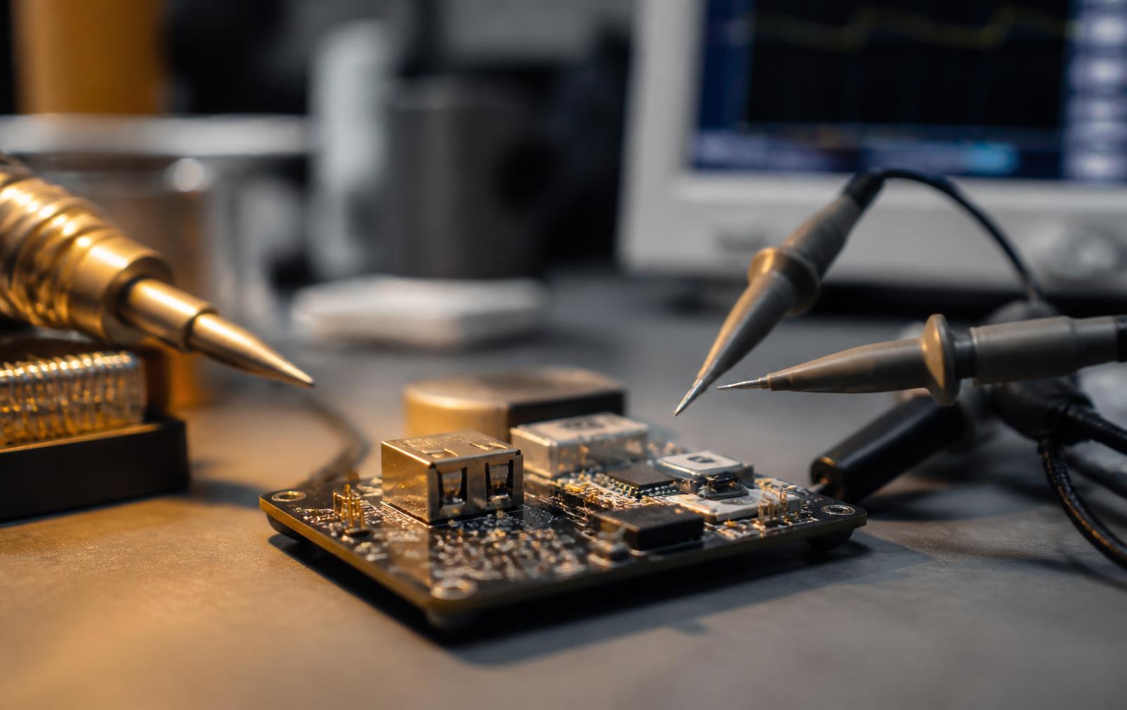Bare IoT circuit board on an engineering bench with test probes