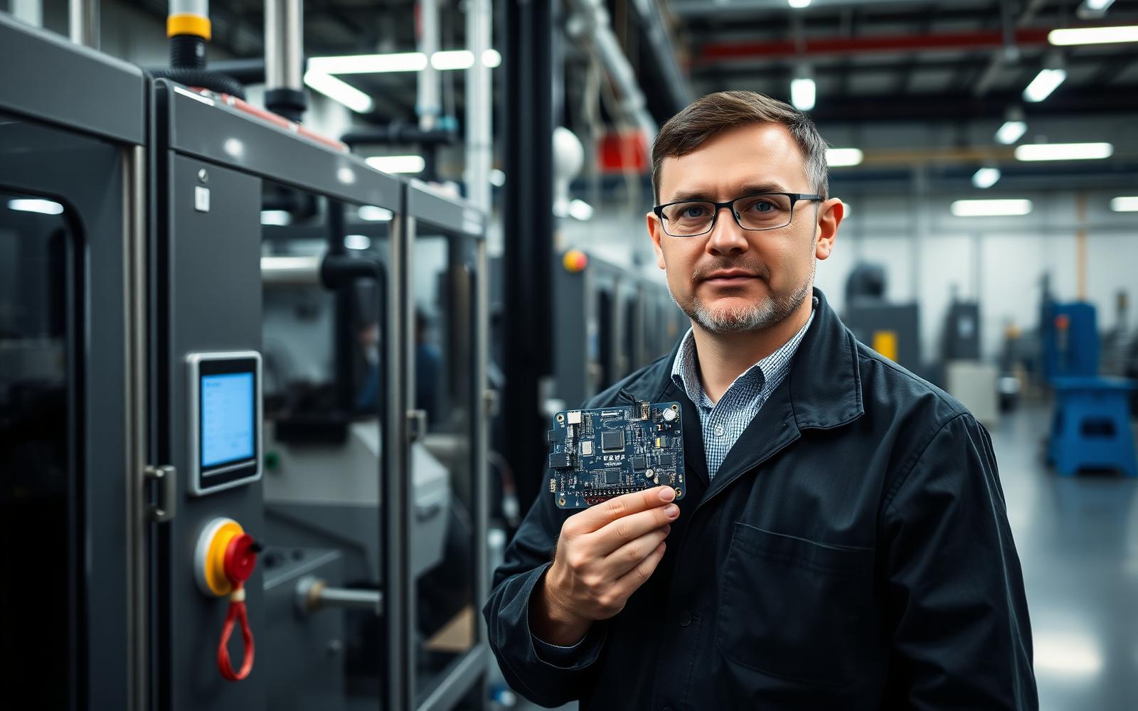 Technician holding an IoT sensor board beside factory machinery