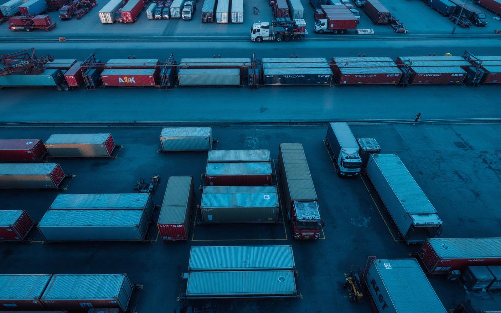 Overhead view of a container yard at dawn