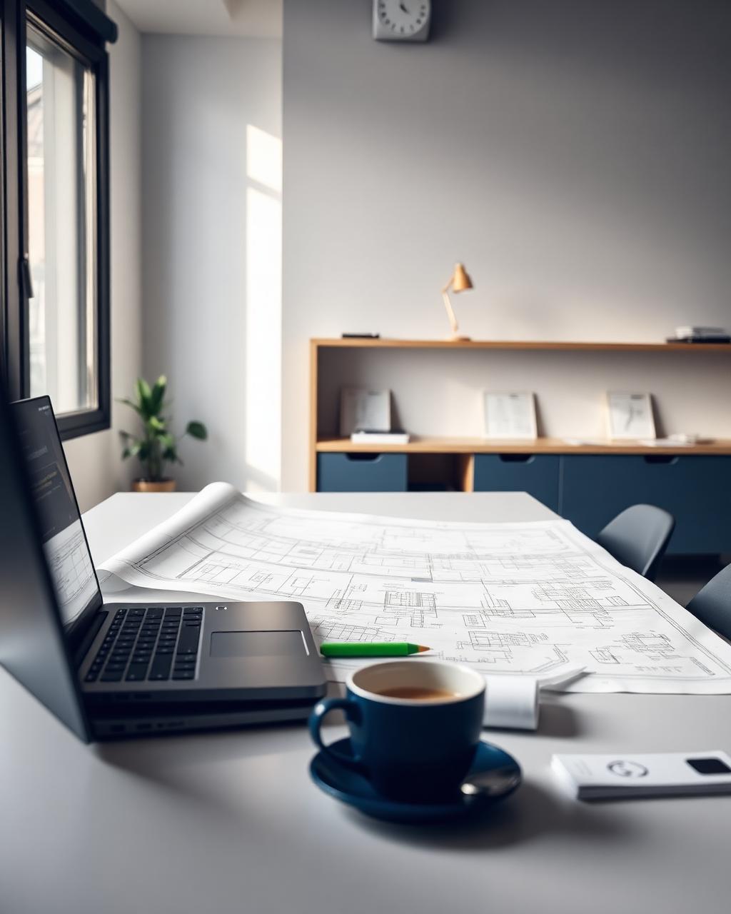 Engineering workspace at Utah Tech Labs — a blueprint schematic and laptop on a clean desk